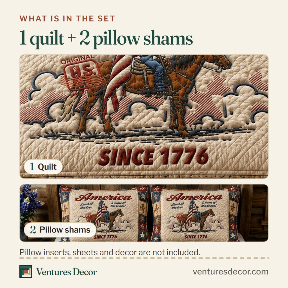 What is in the set: one quilt and two pillow shams, shown in the America Land Of The Free design
