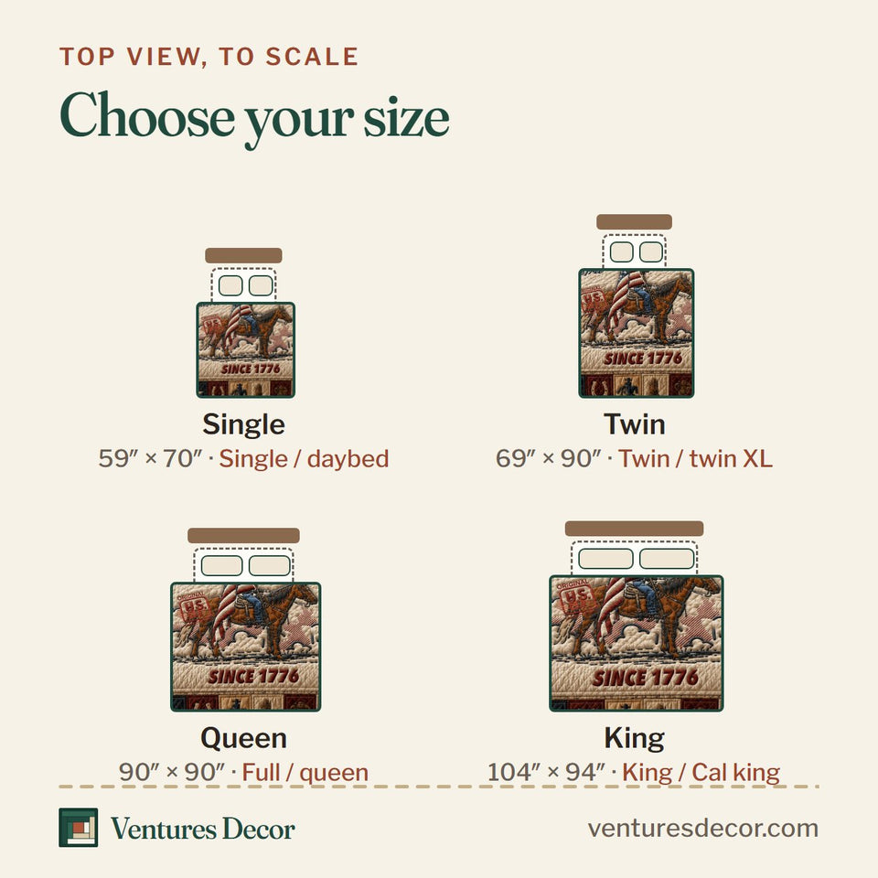 Size guide for the America Land Of The Free quilt, top view to scale: Single 59 x 70 in, Twin 69 x 90 in, Queen 90 x 90 in, King 104 x 94 in