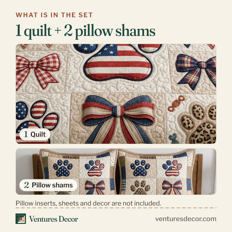 What is in the set: one quilt and two pillow shams, shown in the America Paw Bow design