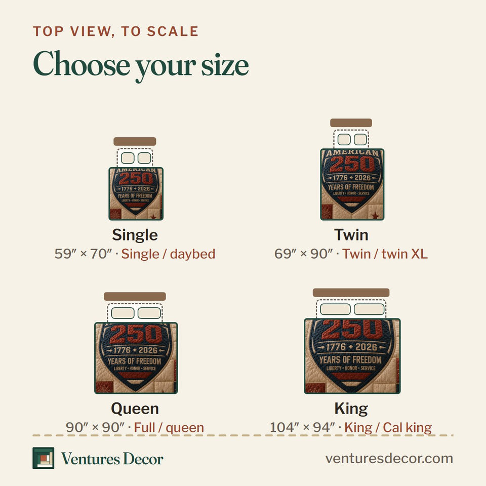 Size guide for the American 250 quilt, top view to scale: Single 59 x 70 in, Twin 69 x 90 in, Queen 90 x 90 in, King 104 x 94 in