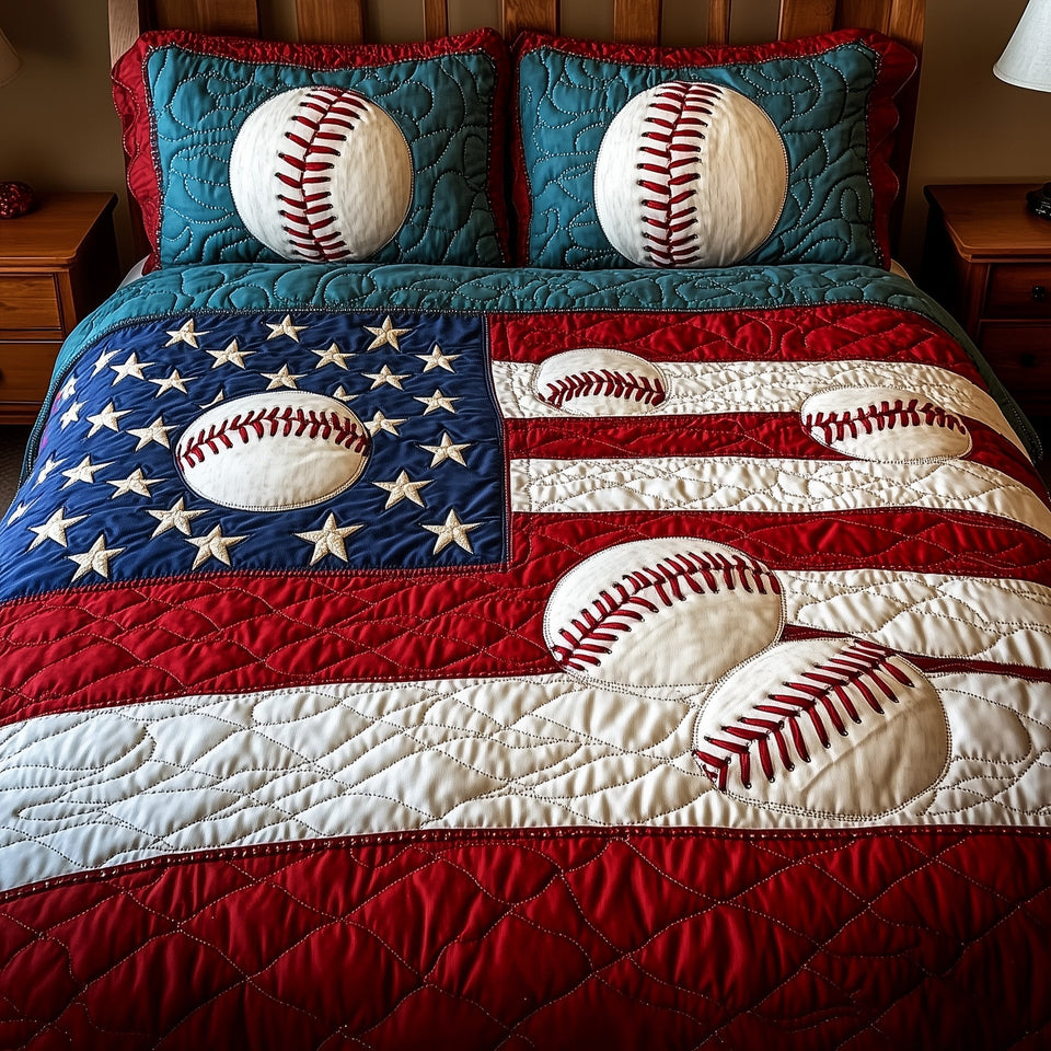 American Classic Baseball quilted bedding set, quilt and two pillow shams on a made bed