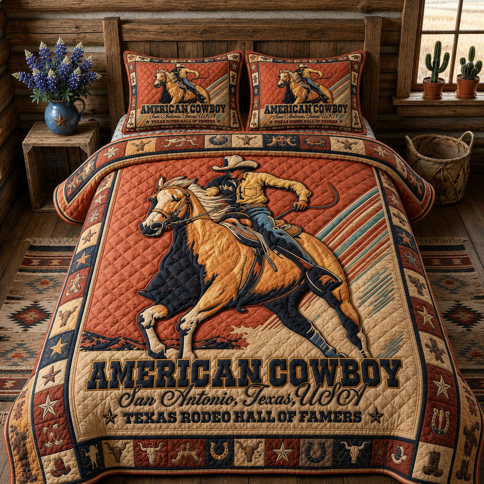 American Cowboy Legacy quilted bedding set, quilt and two pillow shams on a made bed