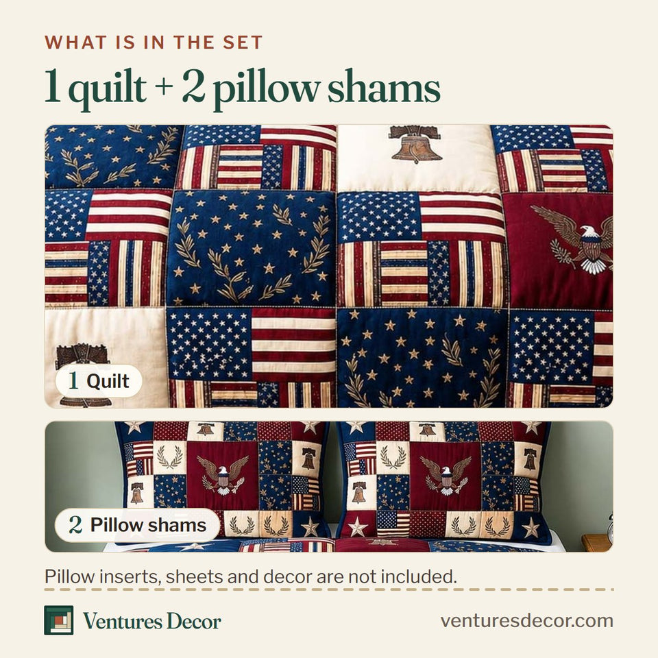 What is in the set: one quilt and two pillow shams, shown in the American Flag Eagle Checkerboard Squares design