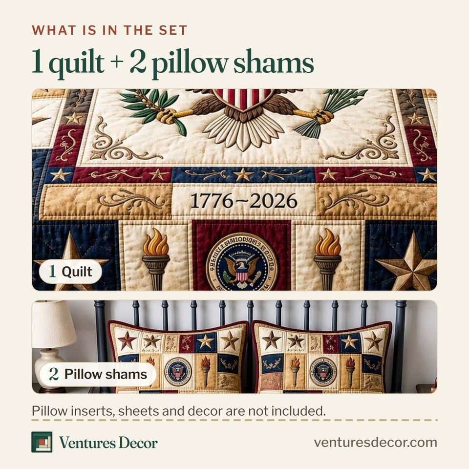 What is in the set: one quilt and two pillow shams, shown in the American Flag design
