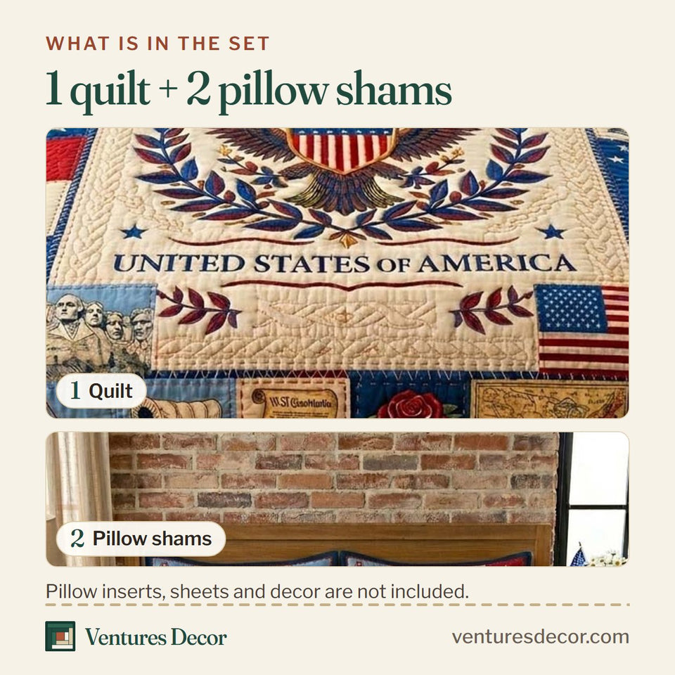 What is in the set: one quilt and two pillow shams, shown in the American Heritage Crest design