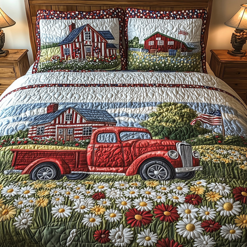 American Joyride Daisies And The Red Truck quilted bedding set, quilt and two pillow shams on a made bed