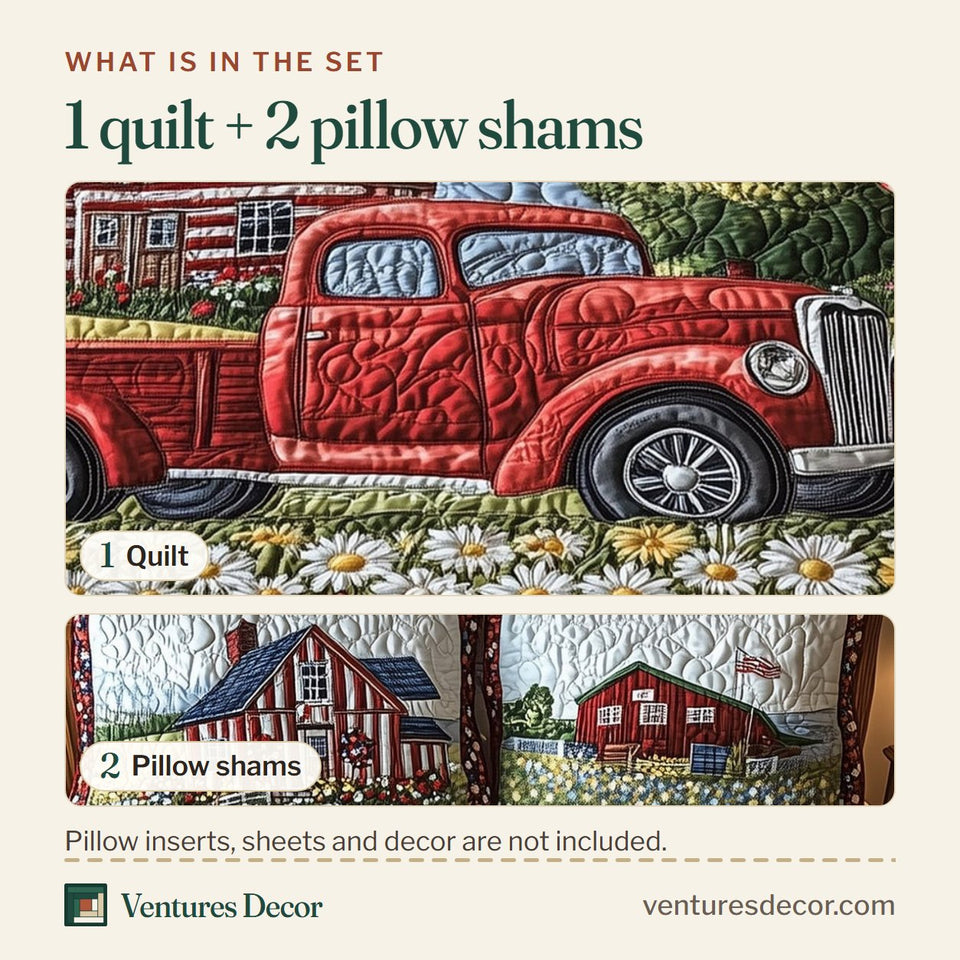 What is in the set: one quilt and two pillow shams, shown in the American Joyride Daisies And The Red Truck design