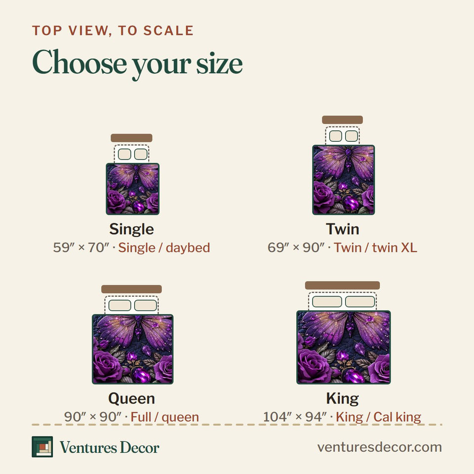 Size guide for the Amethyst Butterfly quilt, top view to scale: Single 59 x 70 in, Twin 69 x 90 in, Queen 90 x 90 in, King 104 x 94 in