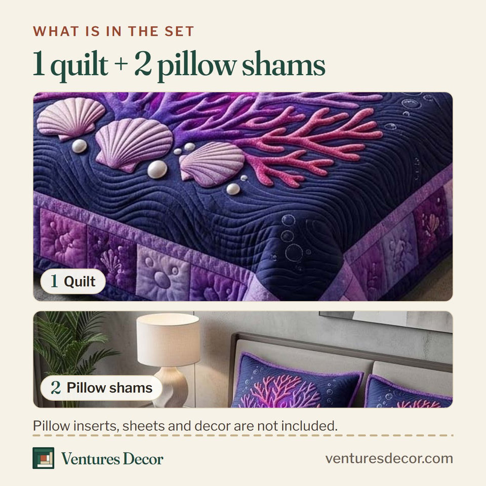 What is in the set: one quilt and two pillow shams, shown in the Amethyst Coral Shell Night design