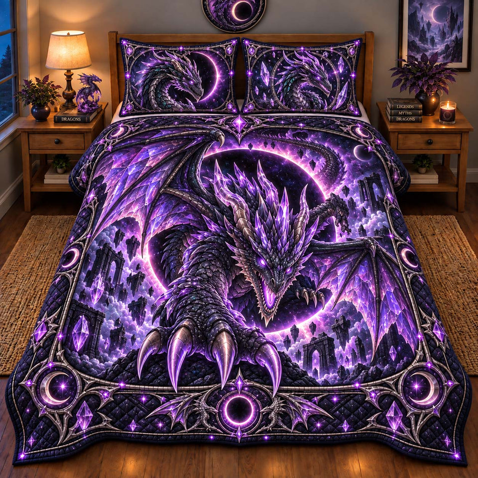 Amethyst Eclipse Dragon quilted bedding set, quilt and two pillow shams on a made bed