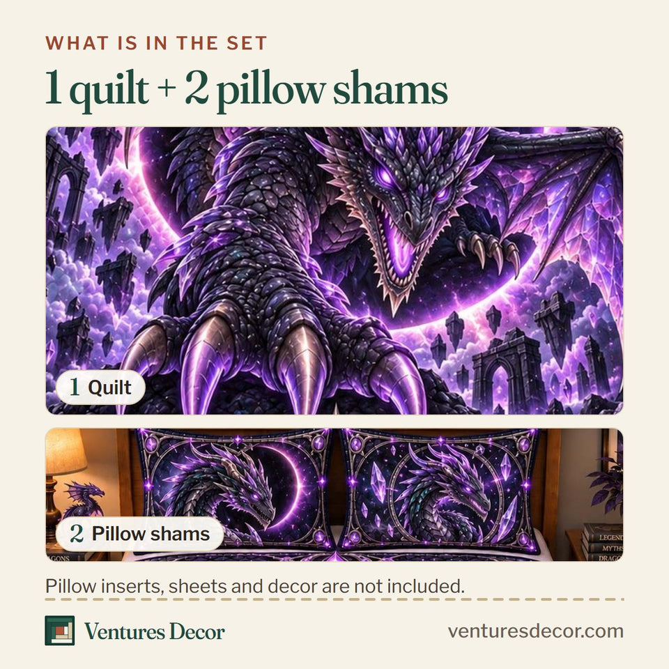 What is in the set: one quilt and two pillow shams, shown in the Amethyst Eclipse Dragon design