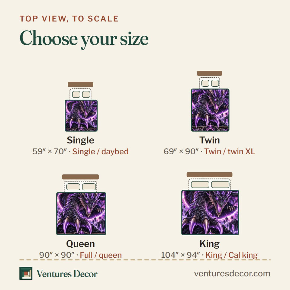 Size guide for the Amethyst Eclipse Dragon quilt, top view to scale: Single 59 x 70 in, Twin 69 x 90 in, Queen 90 x 90 in, King 104 x 94 in