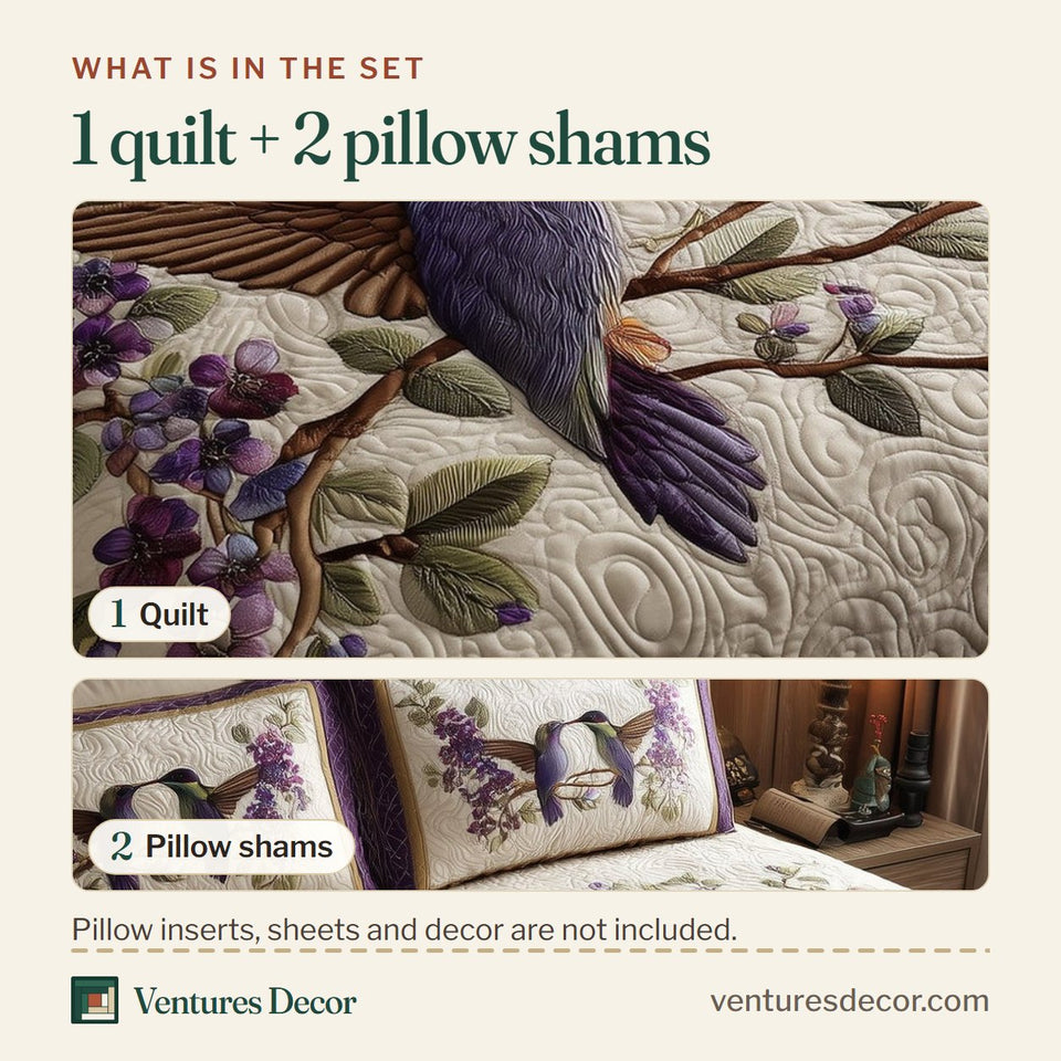 What is in the set: one quilt and two pillow shams, shown in the Amethyst Love Hummingbirds on Cream with Lilac Sprays design