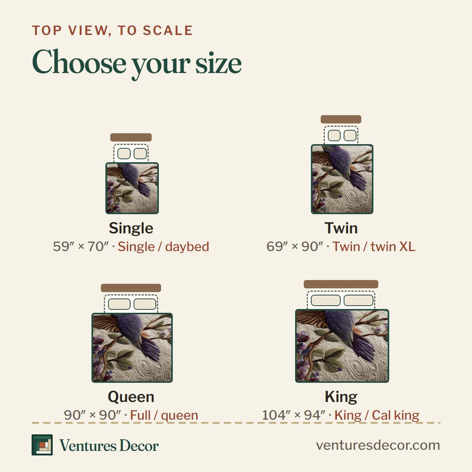 Size guide for the Amethyst Love Hummingbirds on Cream with Lilac Sprays quilt, top view to scale: Single 59 x 70 in, Twin 69 x 90 in, Queen 90 x 90 in, King 104 x 94 in