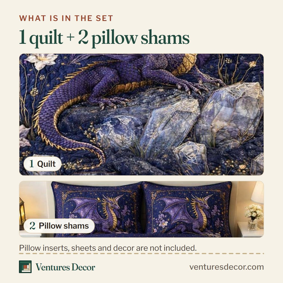 What is in the set: one quilt and two pillow shams, shown in the Amethyst Night Dragon design