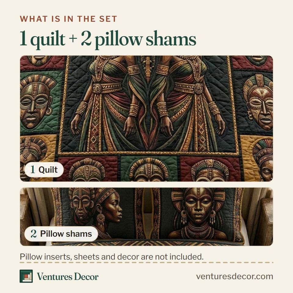 What is in the set: one quilt and two pillow shams, shown in the Ancestral Masks design