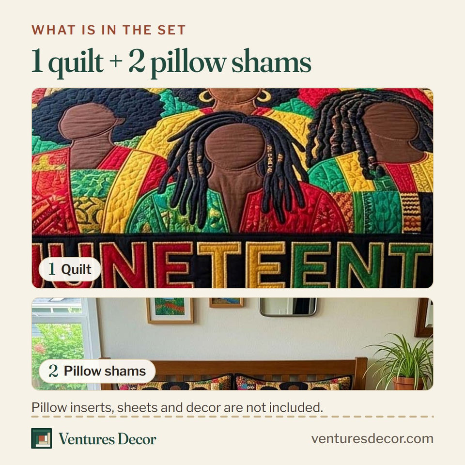 What is in the set: one quilt and two pillow shams, shown in the Ancestral Spirit design