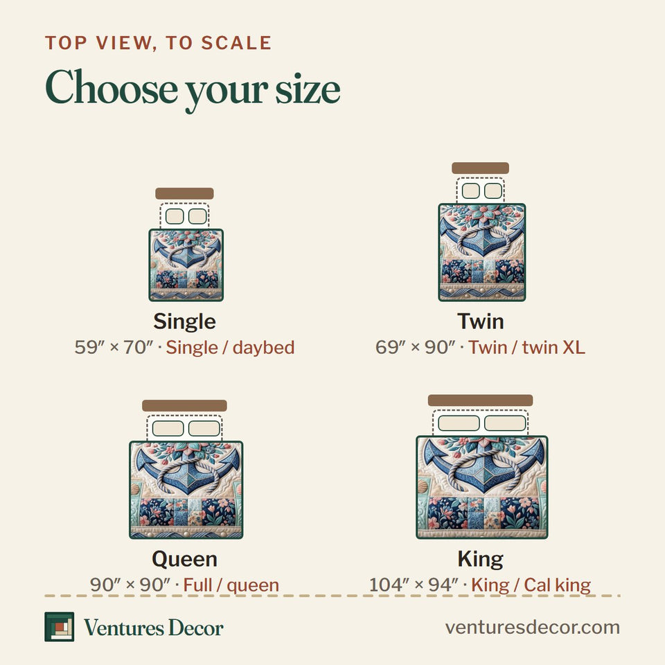Size guide for the Anchor Breeze Coral Blooms And Black Trim quilt, top view to scale: Single 59 x 70 in, Twin 69 x 90 in, Queen 90 x 90 in, King 104 x 94 in