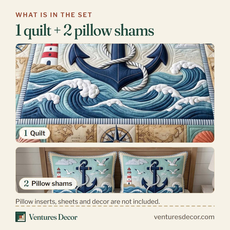 What is in the set: one quilt and two pillow shams, shown in the Anchor Breeze Lighthouse And Shell Border design