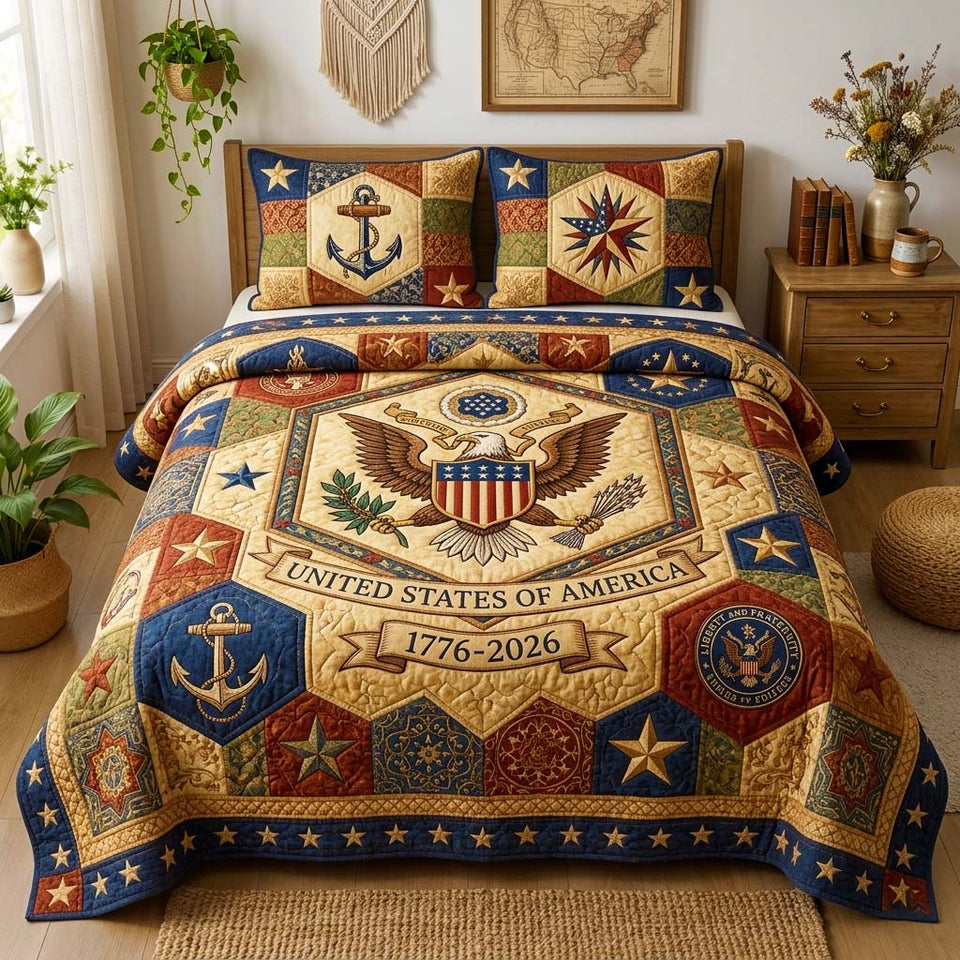 Anchor Eagle quilted bedding set, quilt and two pillow shams on a made bed