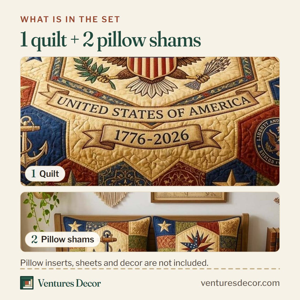 What is in the set: one quilt and two pillow shams, shown in the Anchor Eagle design