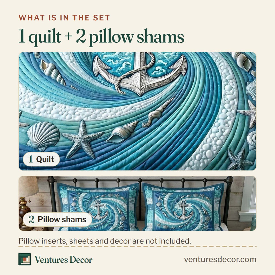 What is in the set: one quilt and two pillow shams, shown in the Anchor Ocean Swirl design