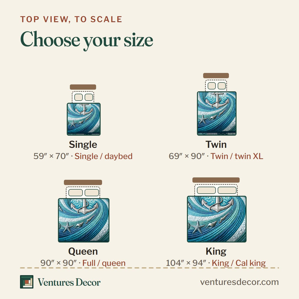 Size guide for the Anchor Ocean Swirl quilt, top view to scale: Single 59 x 70 in, Twin 69 x 90 in, Queen 90 x 90 in, King 104 x 94 in