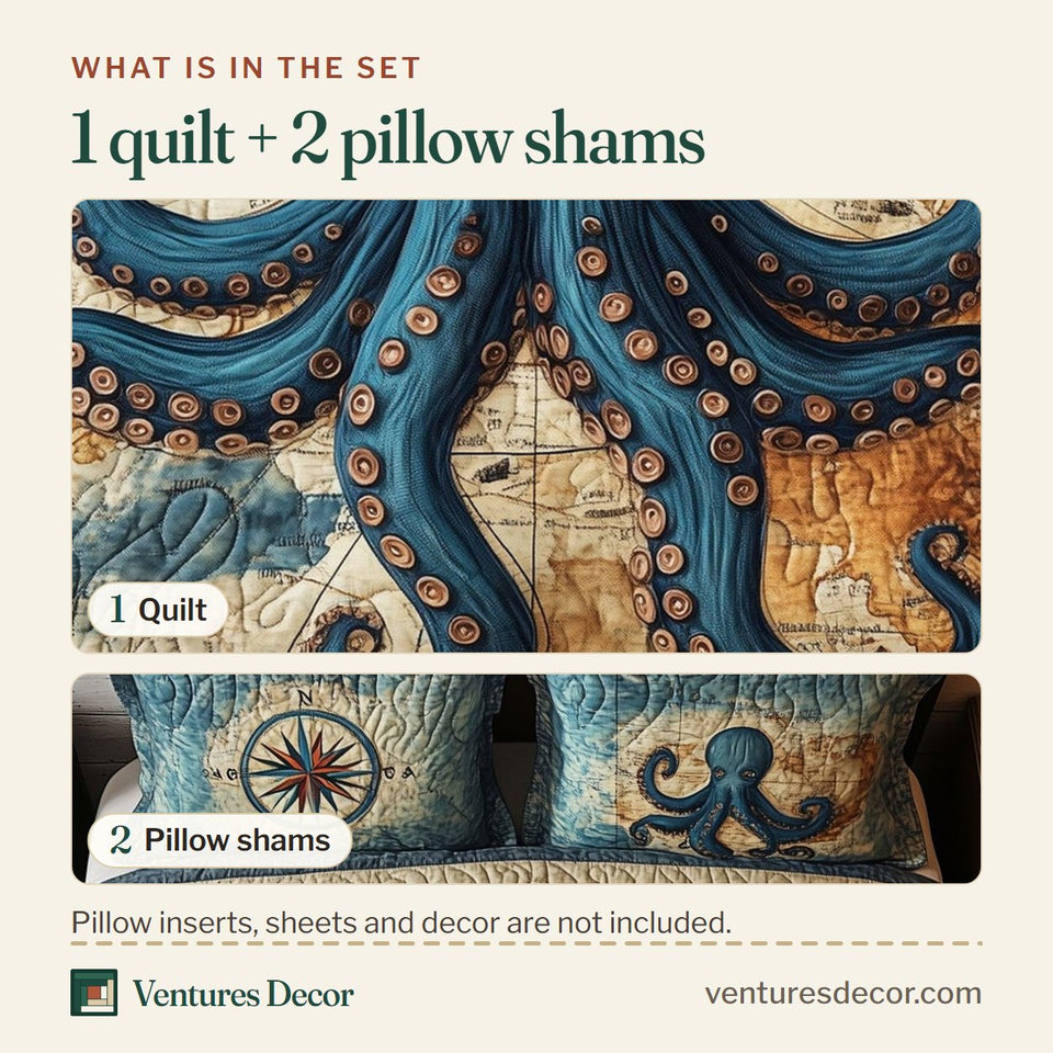 What is in the set: one quilt and two pillow shams, shown in the Ancient Kraken Legend design