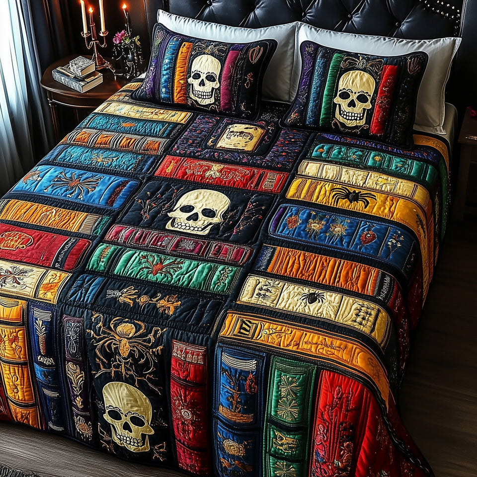 Ancient Library Skull Spines on Jewel Patchwork quilted bedding set, quilt and two pillow shams on a made bed