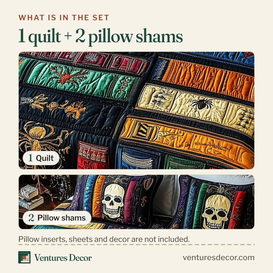 What is in the set: one quilt and two pillow shams, shown in the Ancient Library Skull Spines on Jewel Patchwork design