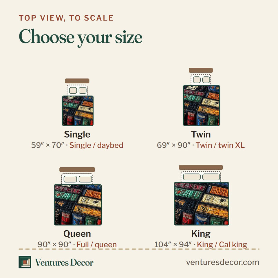 Size guide for the Ancient Library Skull Spines on Jewel Patchwork quilt, top view to scale: Single 59 x 70 in, Twin 69 x 90 in, Queen 90 x 90 in, King 104 x 94 in