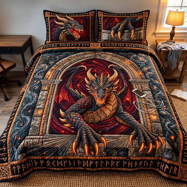 Ancient Rune Dragon quilted bedding set, quilt and two pillow shams on a made bed