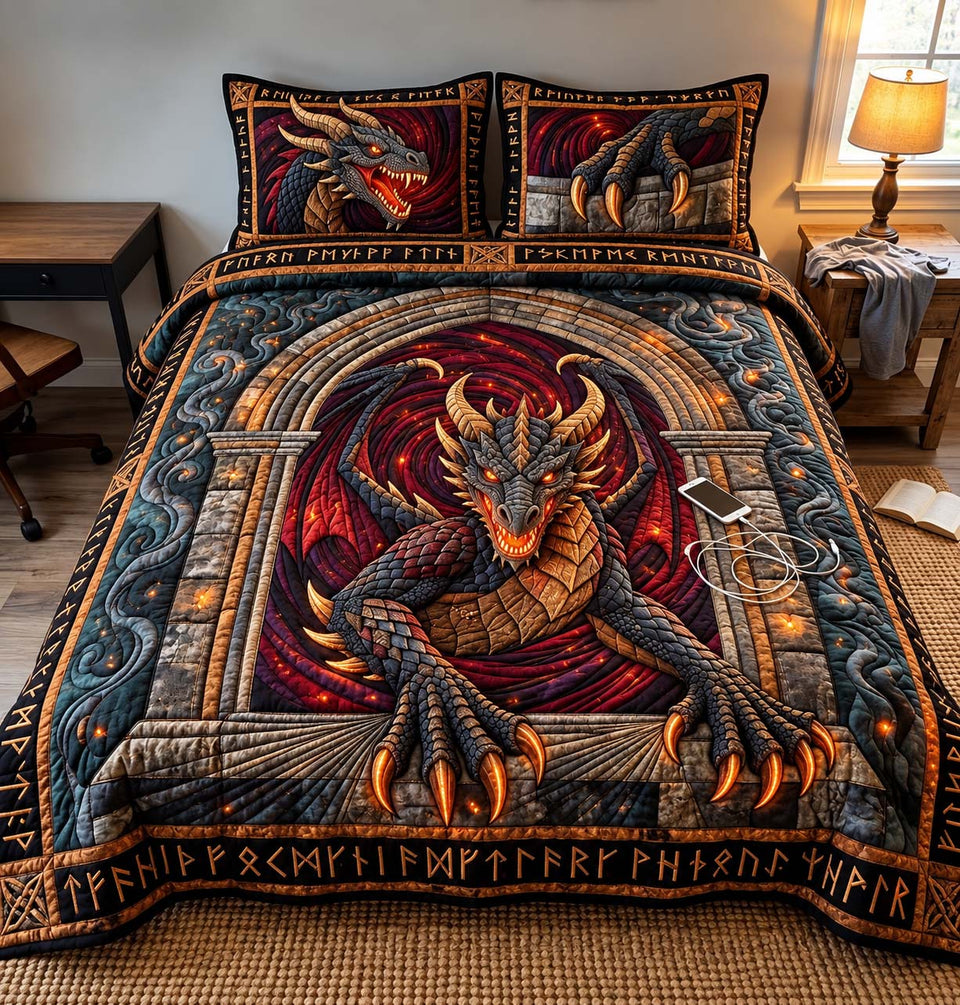 Ancient Rune Dragon quilted bedding set, quilt and two pillow shams on a made bed