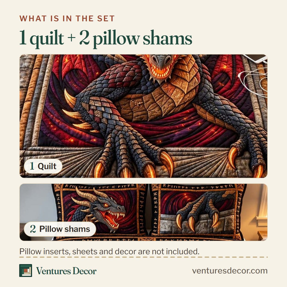 What is in the set: one quilt and two pillow shams, shown in the Ancient Rune Dragon Quilt Set, 3-Piece Quilted Bedding with 2 Pillow Shams design