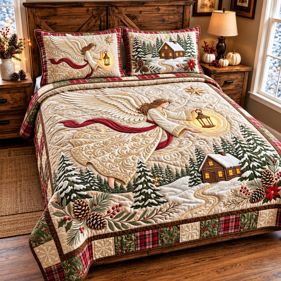 Angel Trumpet quilted bedding set, quilt and two pillow shams on a made bed