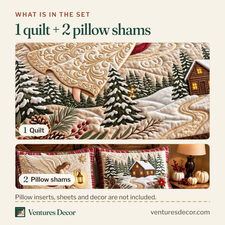 What is in the set: one quilt and two pillow shams, shown in the Angel Trumpet Quilt Set, 3-Piece Quilted Bedding with 2 Pillow Shams design