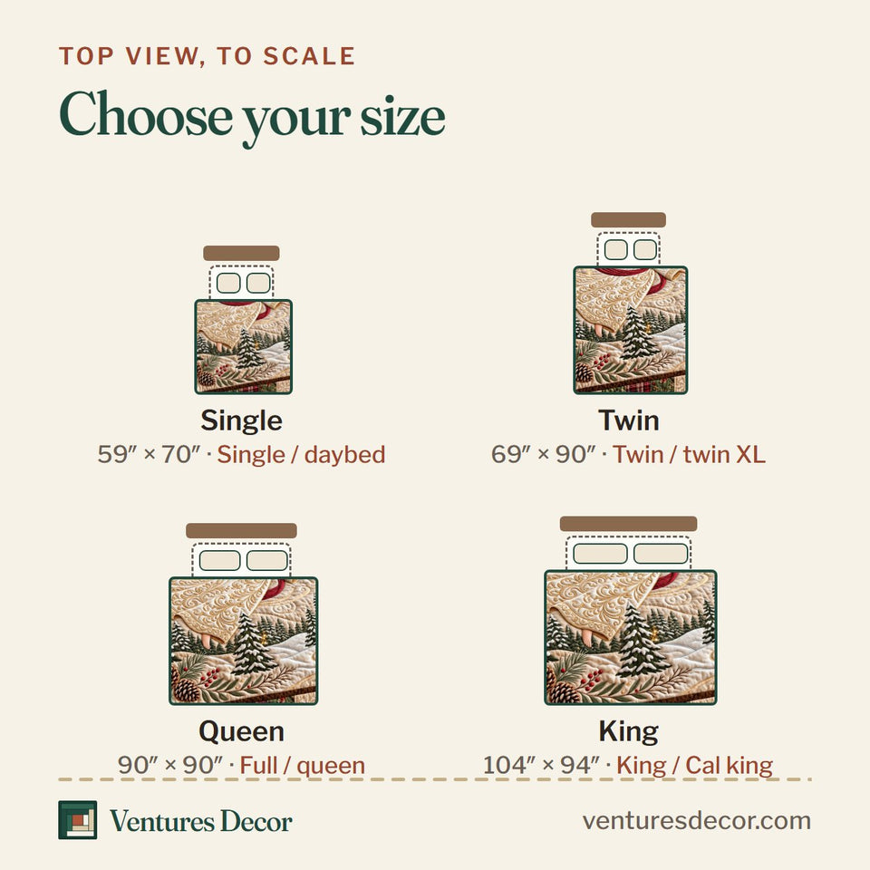 Size guide for the Angel Trumpet Quilt Set, 3-Piece Quilted Bedding with 2 Pillow Shams quilt, top view to scale: Single 59 x 70 in, Twin 69 x 90 in, Queen 90 x 90 in, King 104 x 94 in