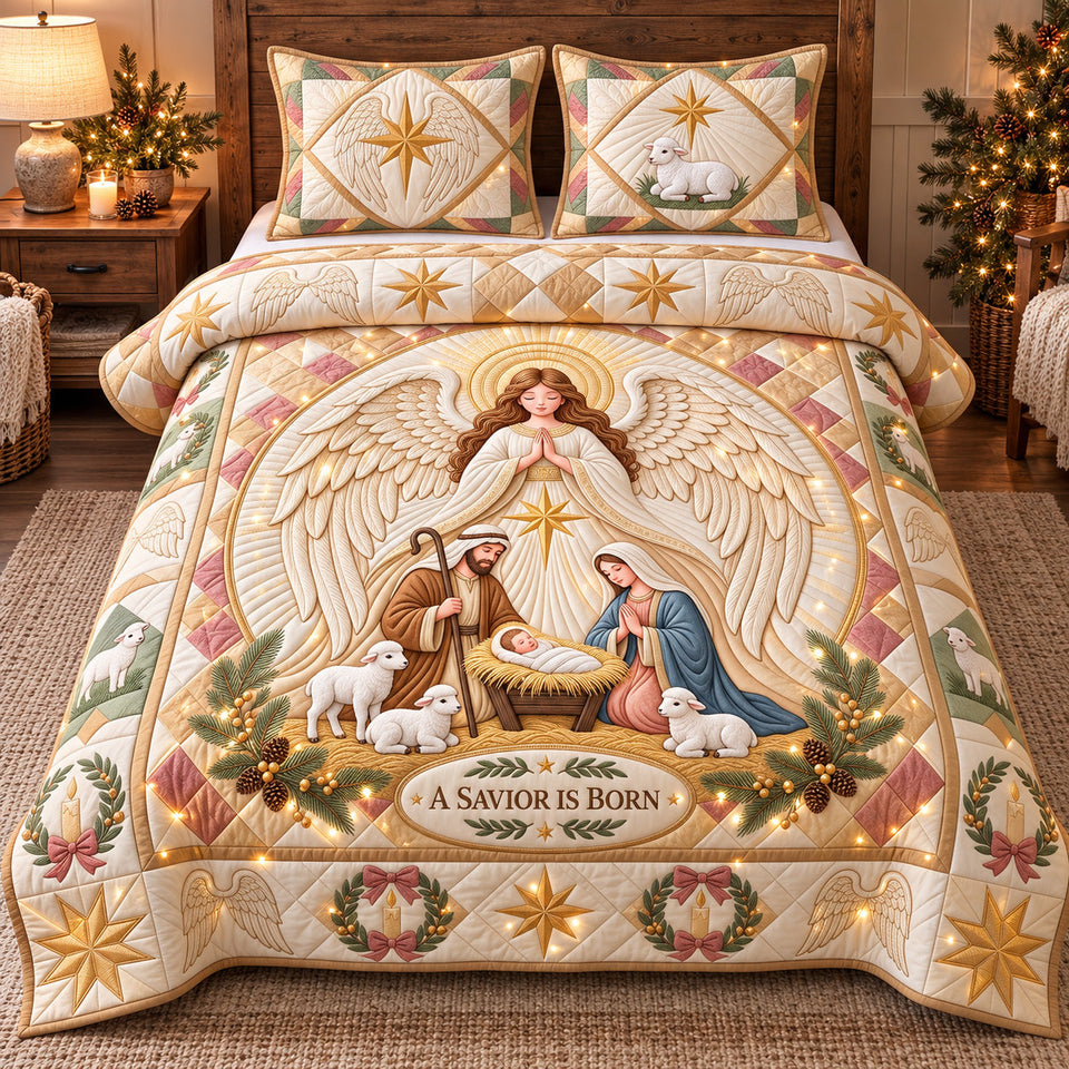 Angelic Nativity Glow quilted bedding set, quilt and two pillow shams on a made bed