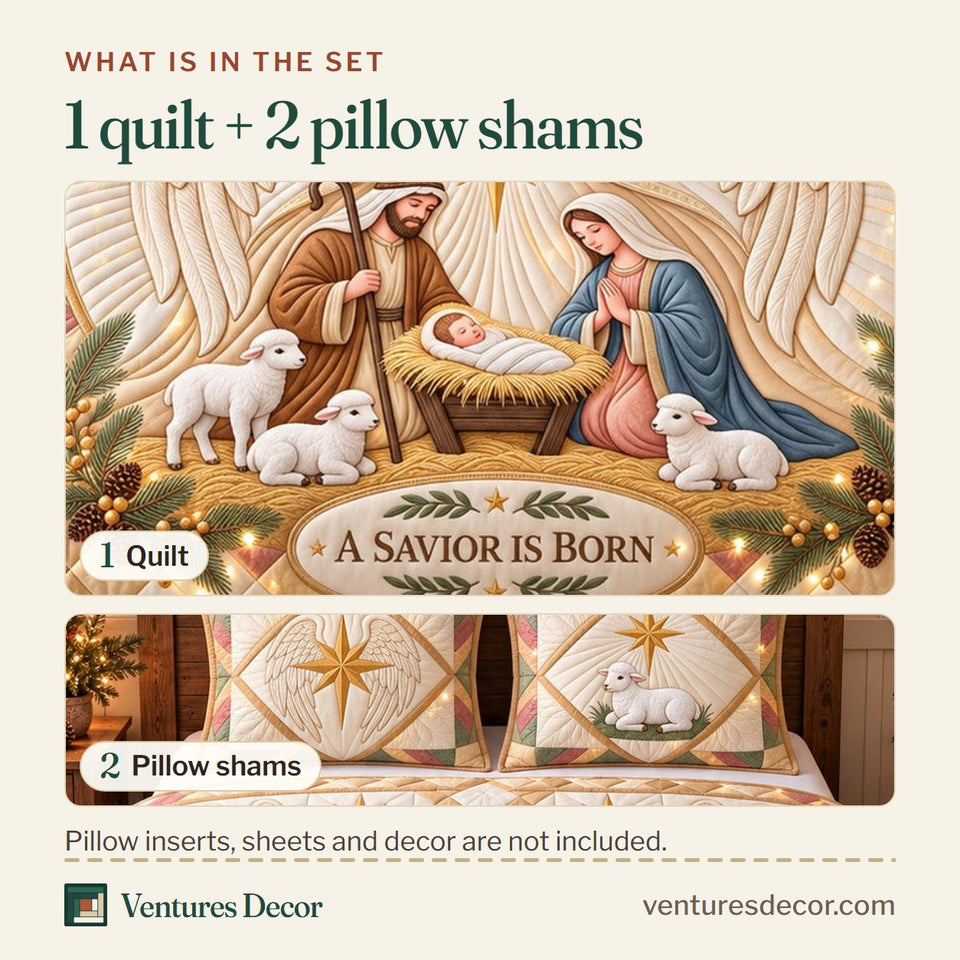 What is in the set: one quilt and two pillow shams, shown in the Christmas Angelic Nativity Glow Quilt Set, 3-Piece Quilted Bedding with 2 Pillow Shams design