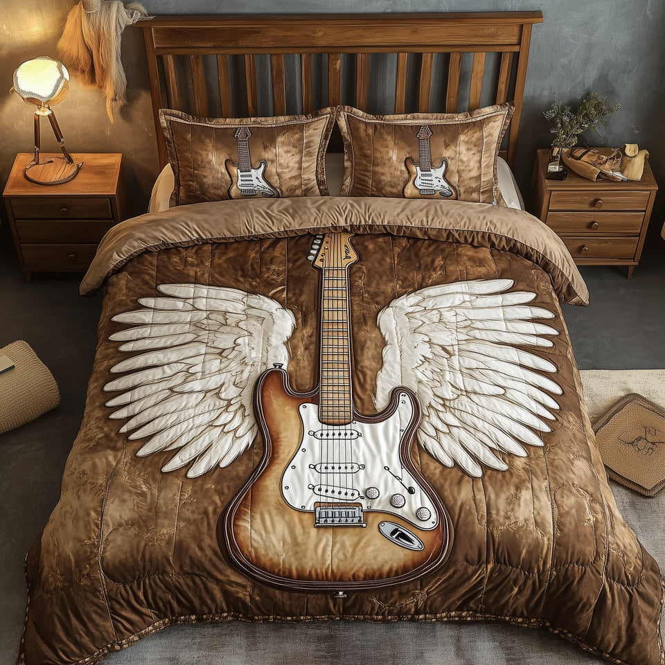 Angle Guitar Feathered Wings on Sepia Cloud quilted bedding set, quilt and two pillow shams on a made bed