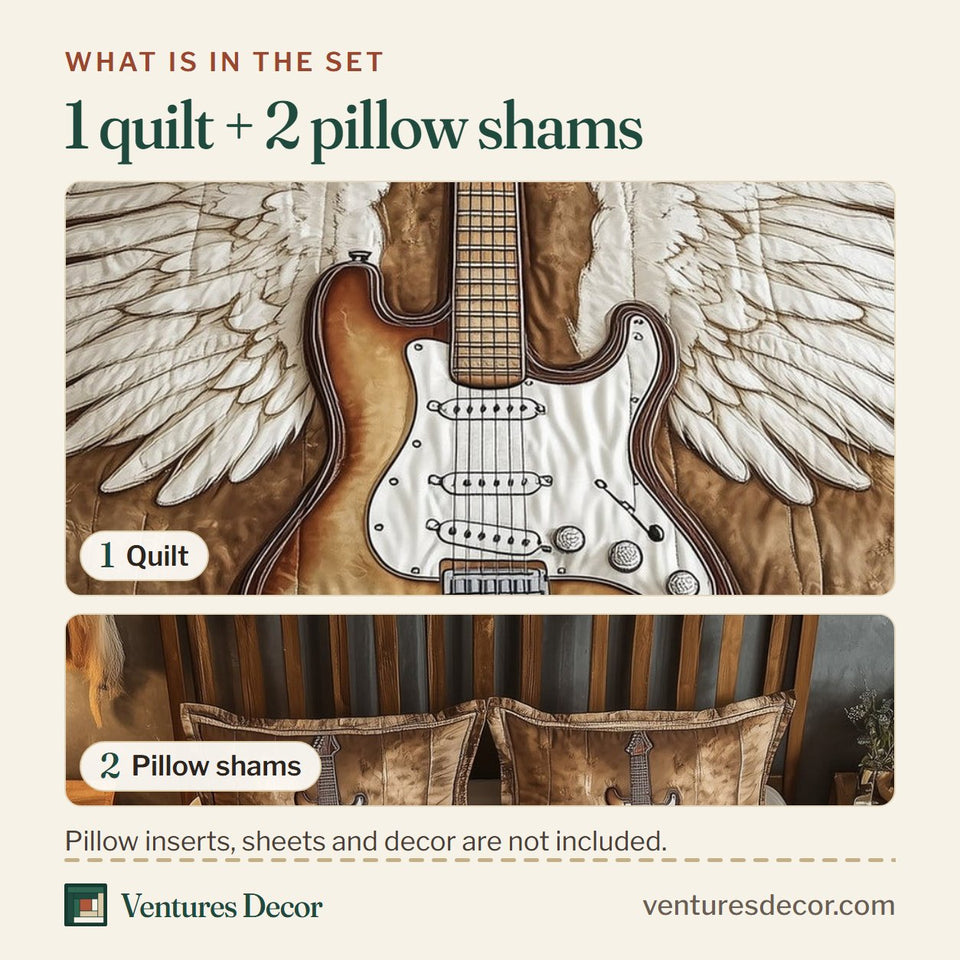 What is in the set: one quilt and two pillow shams, shown in the Angle Guitar Feathered Wings on Sepia Cloud design