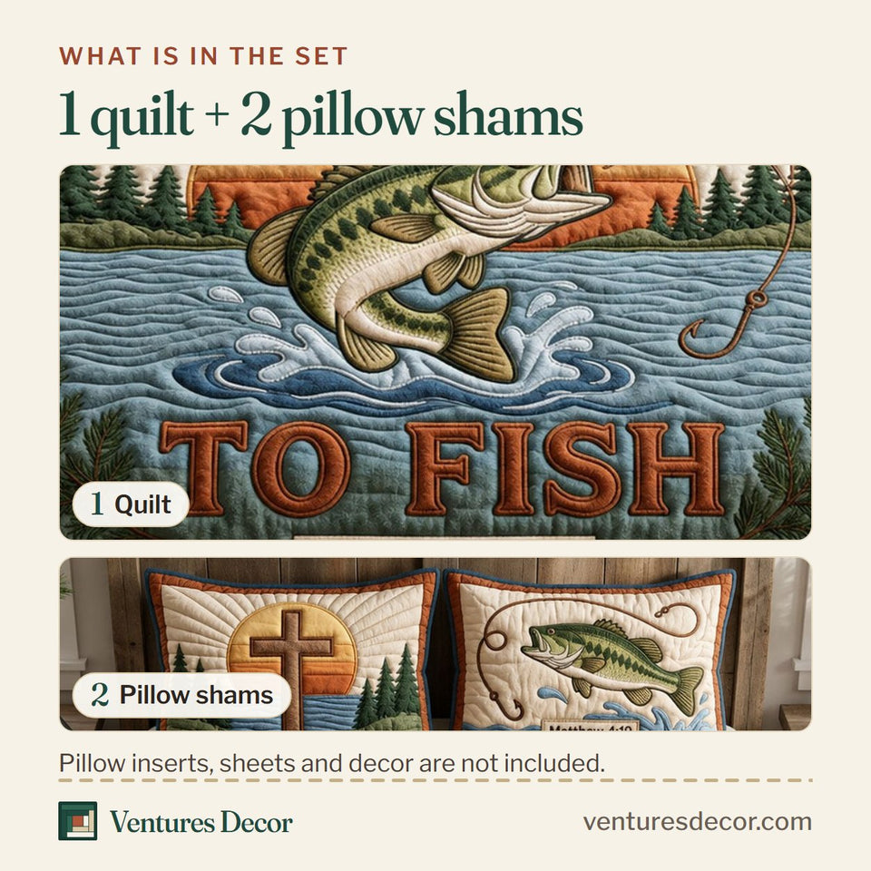 What is in the set: one quilt and two pillow shams, shown in the Angler Calling Cross design