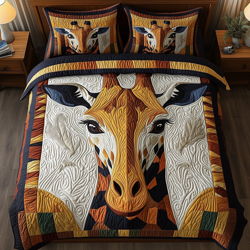 Angular Giraffe Mosaic quilted bedding set, quilt and two pillow shams on a made bed
