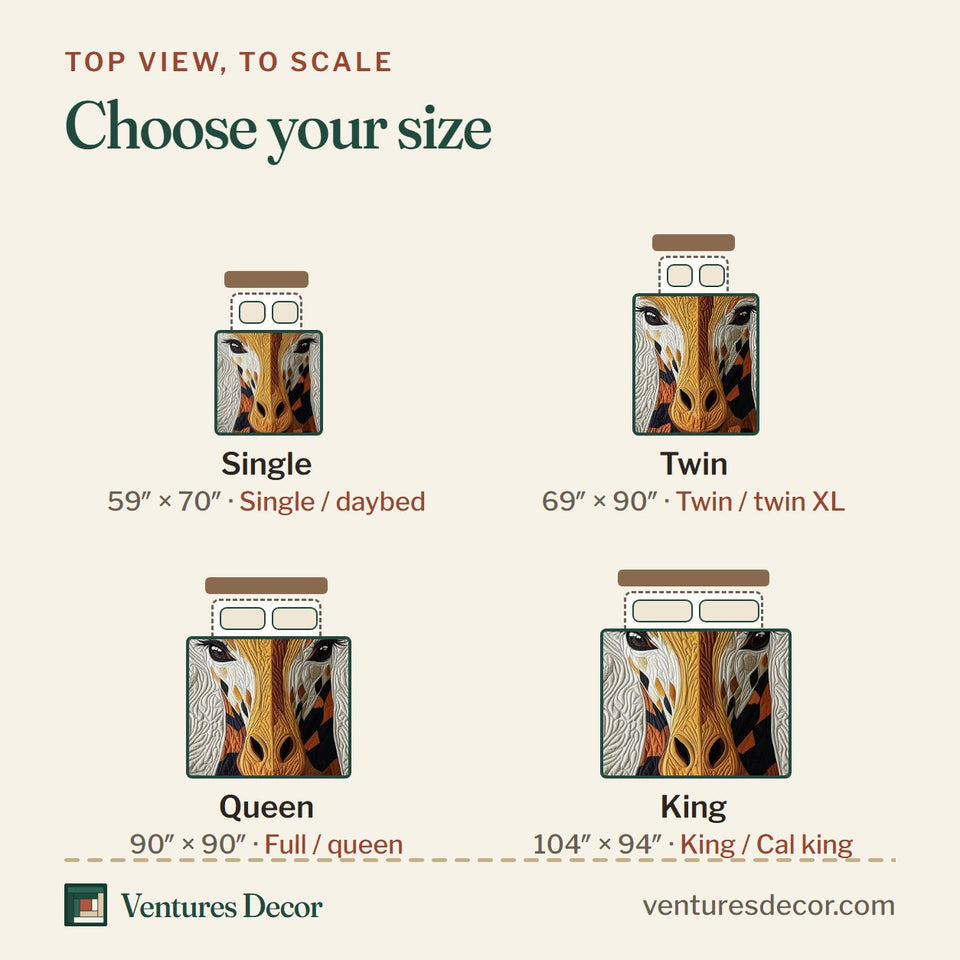 Size guide for the Angular Giraffe Mosaic quilt, top view to scale: Single 59 x 70 in, Twin 69 x 90 in, Queen 90 x 90 in, King 104 x 94 in