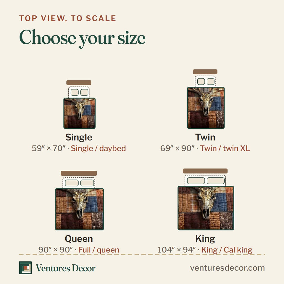 Size guide for the Antler Skull Patch Trail quilt, top view to scale: Single 59 x 70 in, Twin 69 x 90 in, Queen 90 x 90 in, King 104 x 94 in