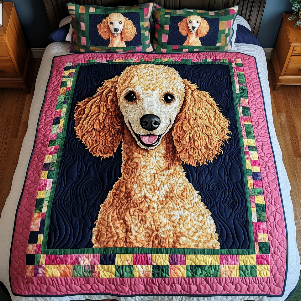 Apricot Poodle Patchwork Frame quilted bedding set, quilt and two pillow shams on a made bed