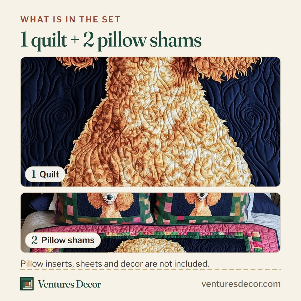 What is in the set: one quilt and two pillow shams, shown in the Apricot Poodle Patchwork Frame design