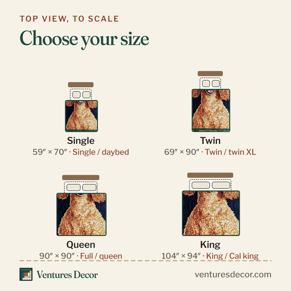Size guide for the Apricot Poodle Patchwork Frame quilt, top view to scale: Single 59 x 70 in, Twin 69 x 90 in, Queen 90 x 90 in, King 104 x 94 in