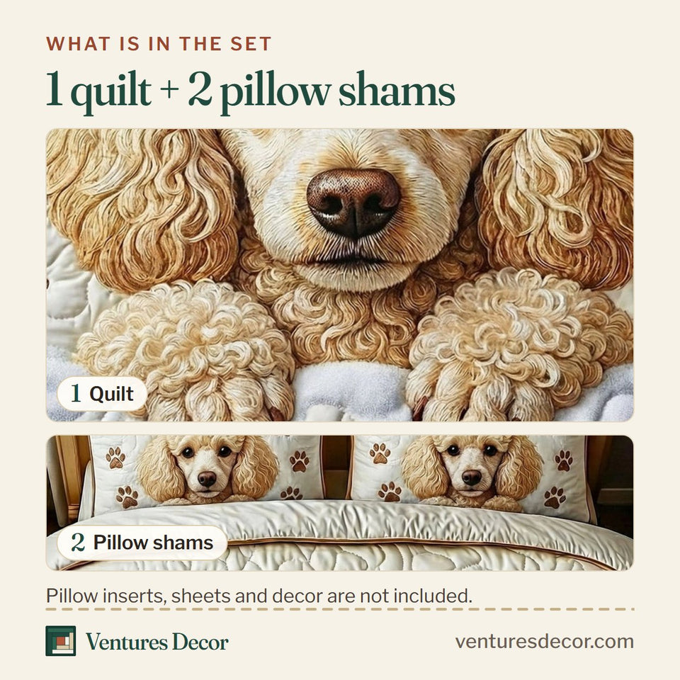 What is in the set: one quilt and two pillow shams, shown in the Apricot Poodle Peek design