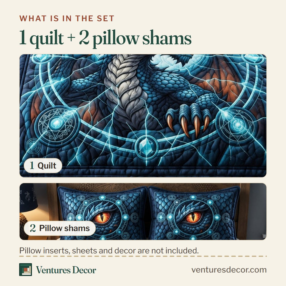 What is in the set: one quilt and two pillow shams, shown in the Arcane Dragon Circle design